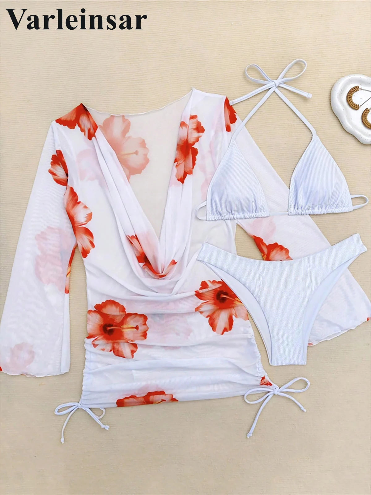 White Floral Bikini Set With Cover Up