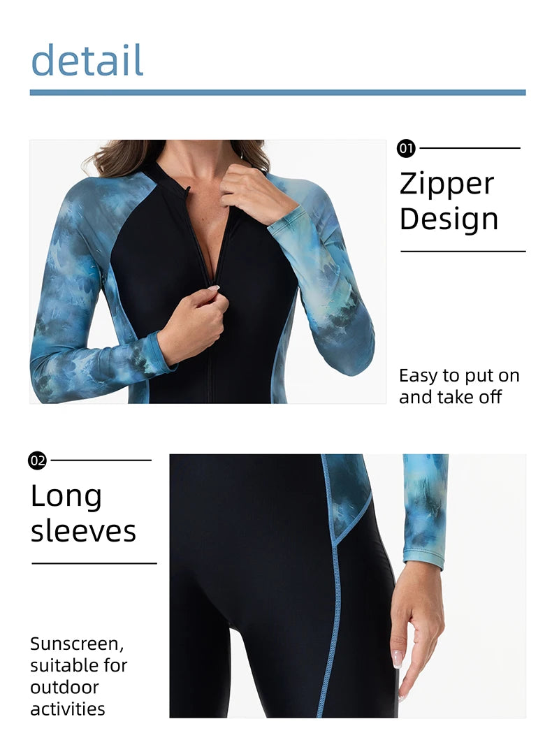 Women's Long Sleeve One-Piece Swimsuit – Patchwork Camouflage Surfing Suit