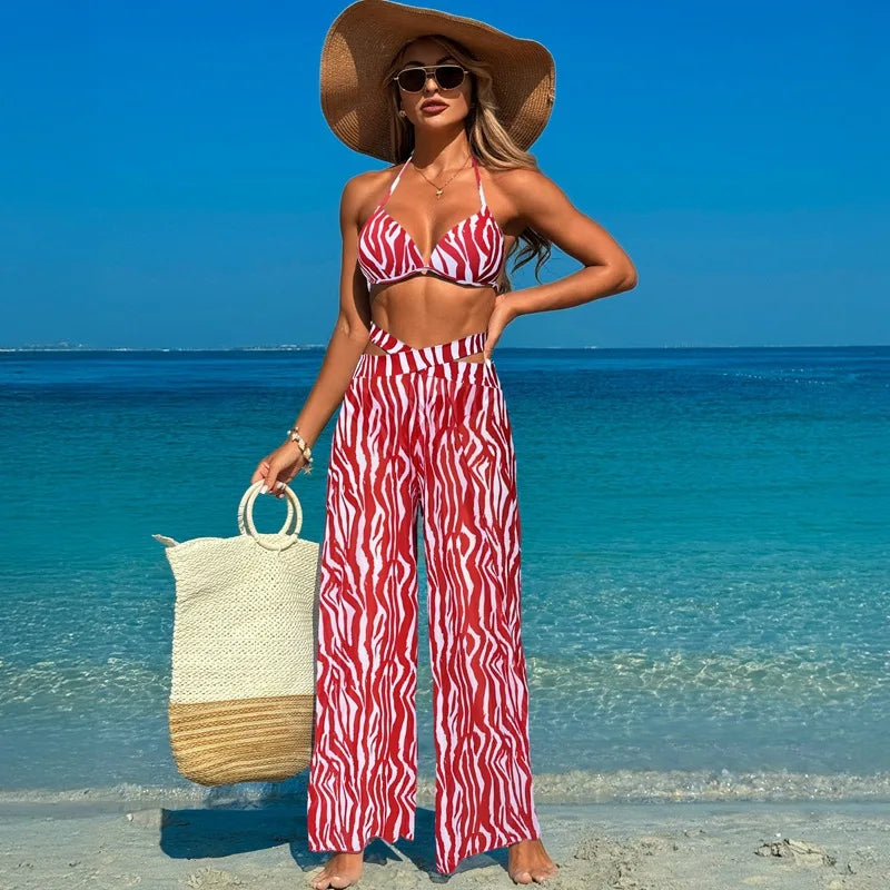 Designer Bikini Cover Up Loose Pants Pink Zebra Striped Print