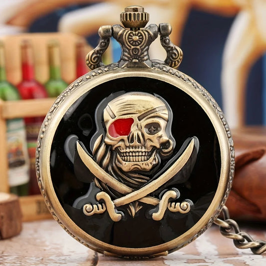 Skull Pirate Pocket Watch - Quartz Halloween Accessory.