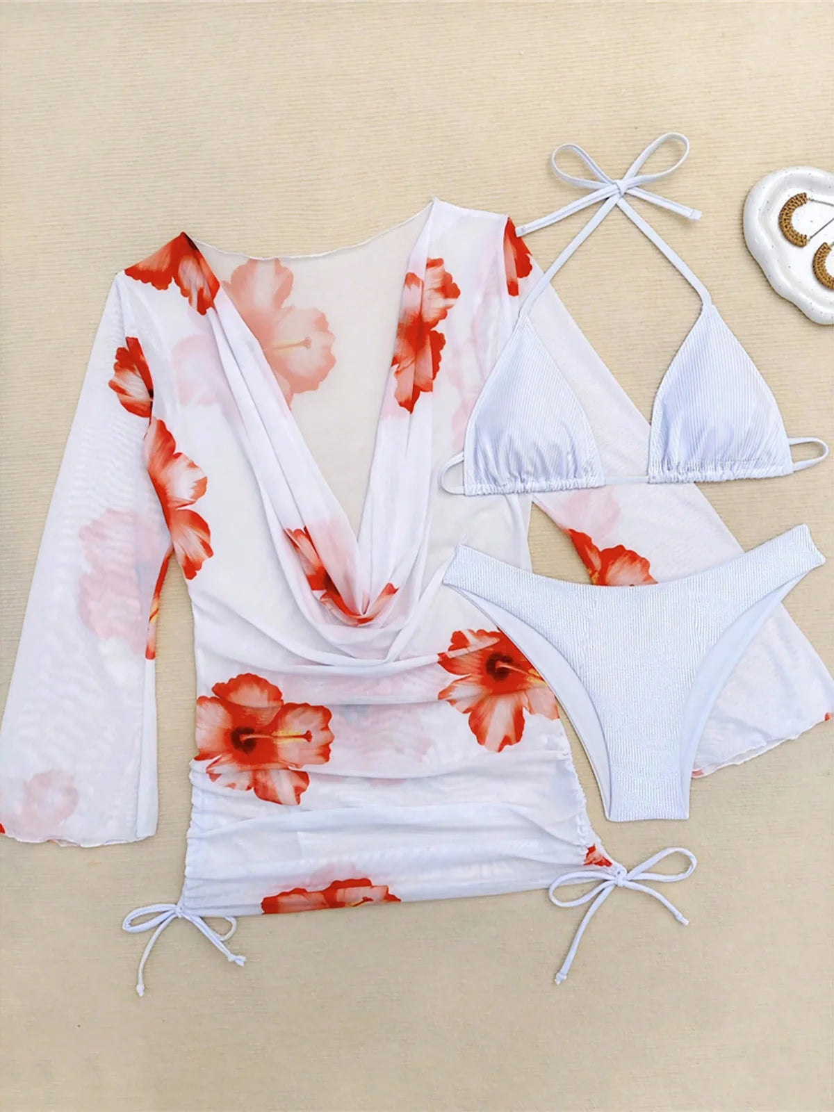 White Floral Bikini Set With Cover Up
