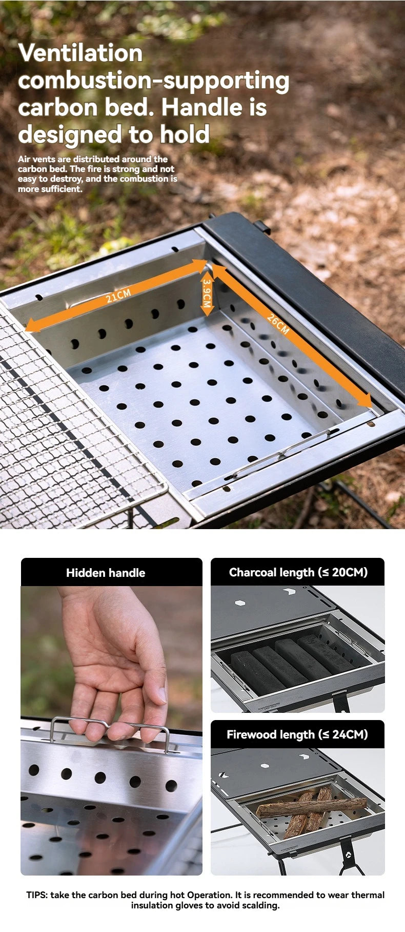 CAMPINGMOON UG-1 Unit IGT Carbon Grill Camping Table Expansion Windproof BBQ Double-Layer Insulated Firewood Stove