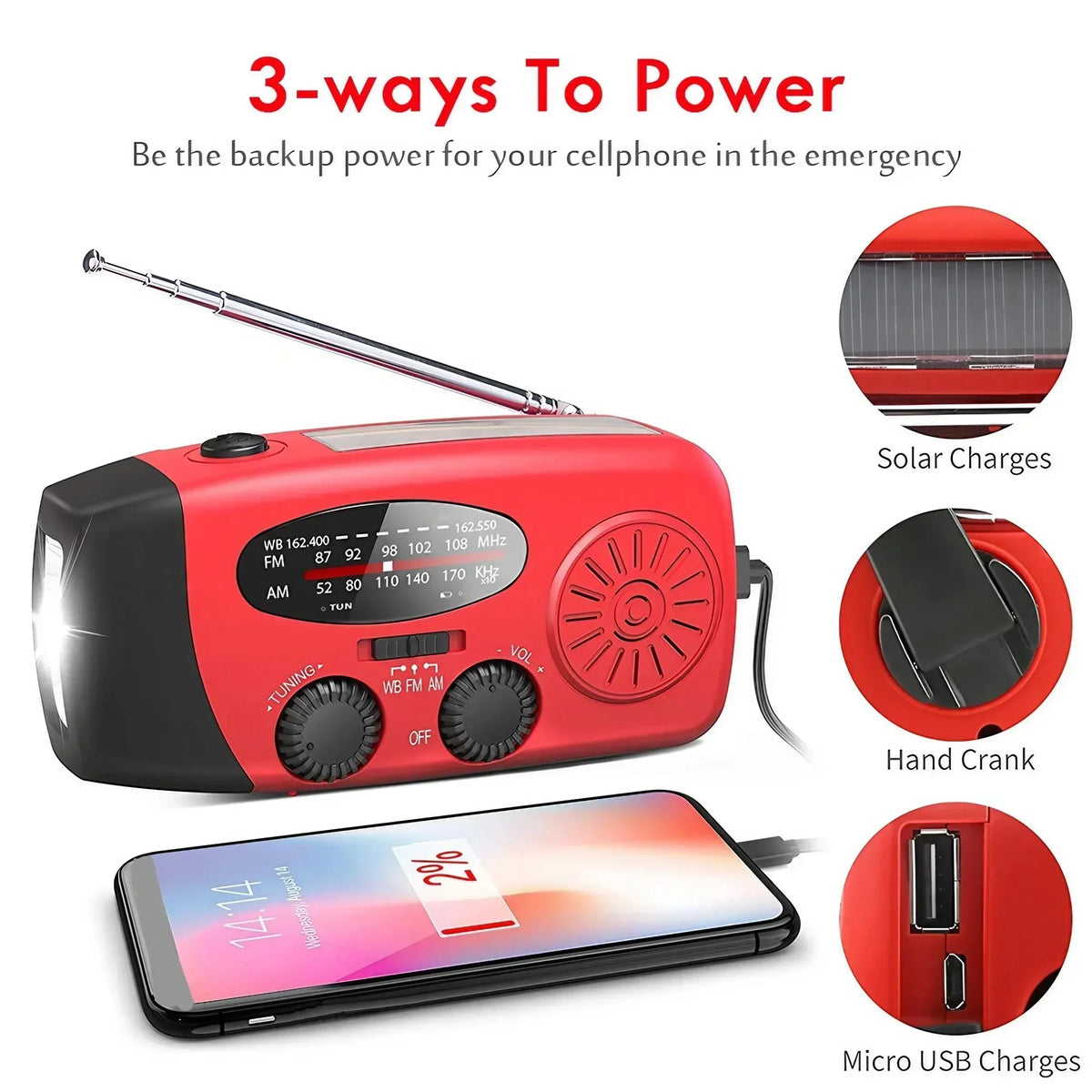 STONEGO Multifunctional Emergency FM/AM Radio – Solar, Hand-Crank, Phone Charger & Flashlight