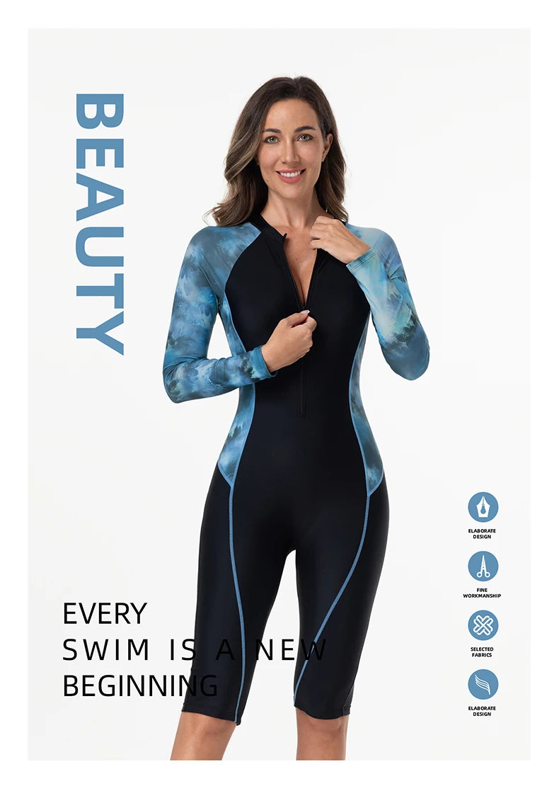 Women's Long Sleeve One-Piece Swimsuit – Patchwork Camouflage Surfing Suit